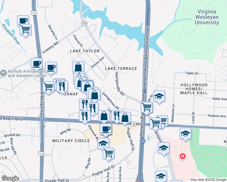 map of restaurants, bars, coffee shops, grocery stores, and more near 5981 Monaco Court in Norfolk