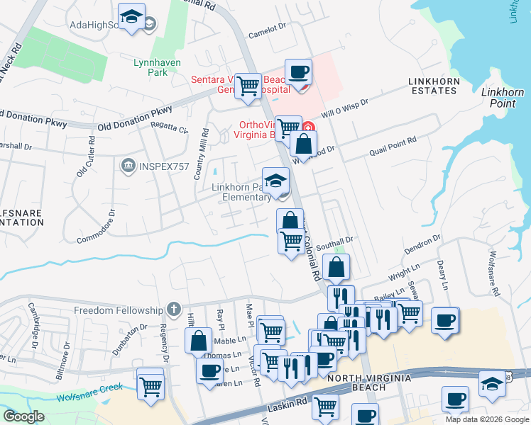 map of restaurants, bars, coffee shops, grocery stores, and more near 1814 Carlton East in Virginia Beach