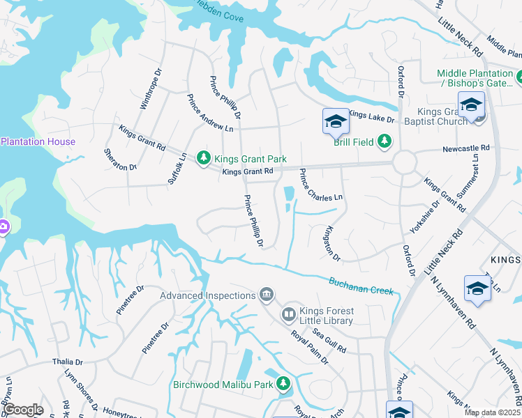 map of restaurants, bars, coffee shops, grocery stores, and more near 3701 Prince Phillip Court in Virginia Beach