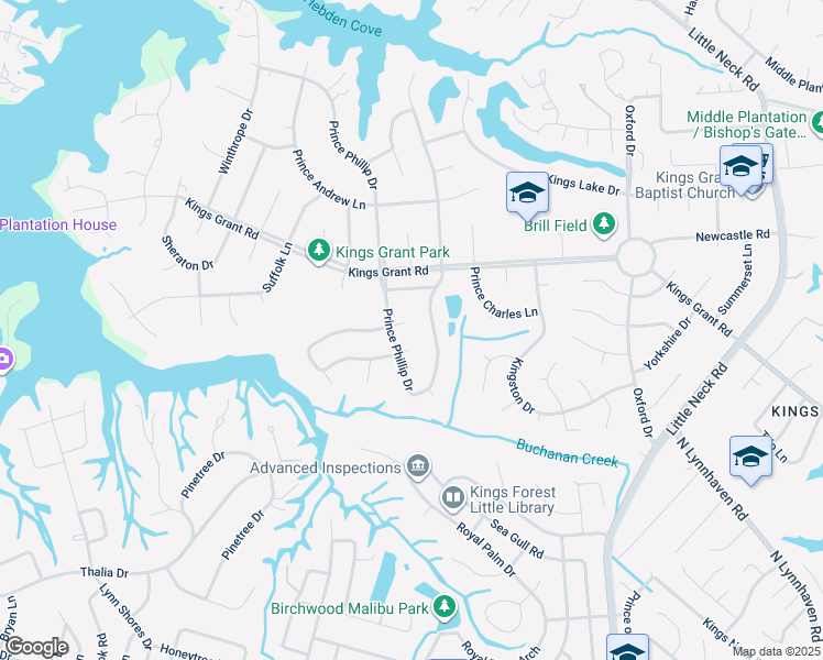 map of restaurants, bars, coffee shops, grocery stores, and more near 3701 Prince Phillip Court in Virginia Beach