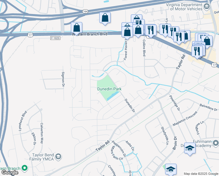 map of restaurants, bars, coffee shops, grocery stores, and more near 3360 Dunedin Drive in Chesapeake