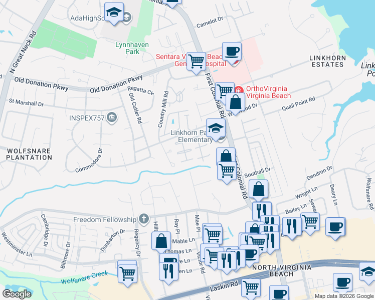 map of restaurants, bars, coffee shops, grocery stores, and more near 1020 Thousand Oaks Drive in Virginia Beach