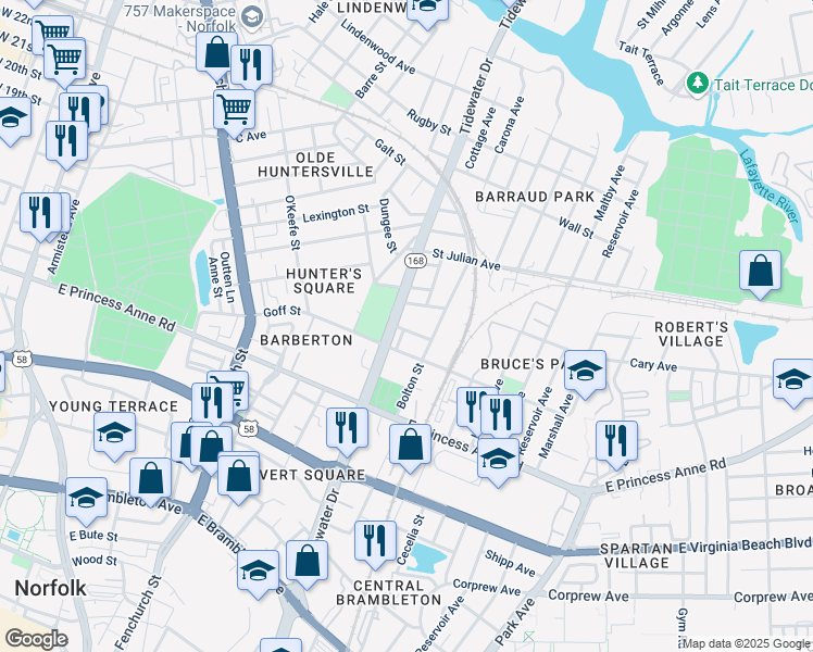 map of restaurants, bars, coffee shops, grocery stores, and more near 1002 Dunbar Street in Norfolk