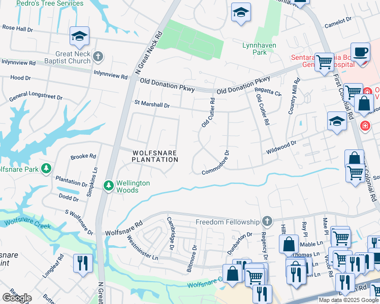 map of restaurants, bars, coffee shops, grocery stores, and more near 2208 Hidden Creek Court in Virginia Beach