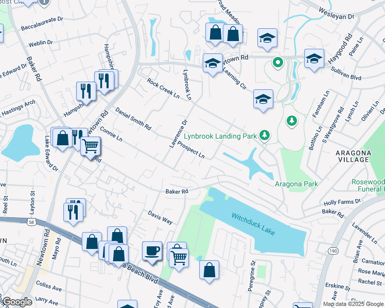 map of restaurants, bars, coffee shops, grocery stores, and more near 517 Liberty Court in Virginia Beach