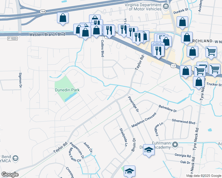 map of restaurants, bars, coffee shops, grocery stores, and more near 3733 Radford Circle in Chesapeake