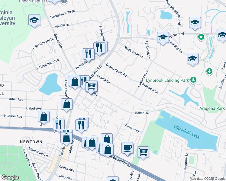 map of restaurants, bars, coffee shops, grocery stores, and more near 5548 Paca Lane in Virginia Beach
