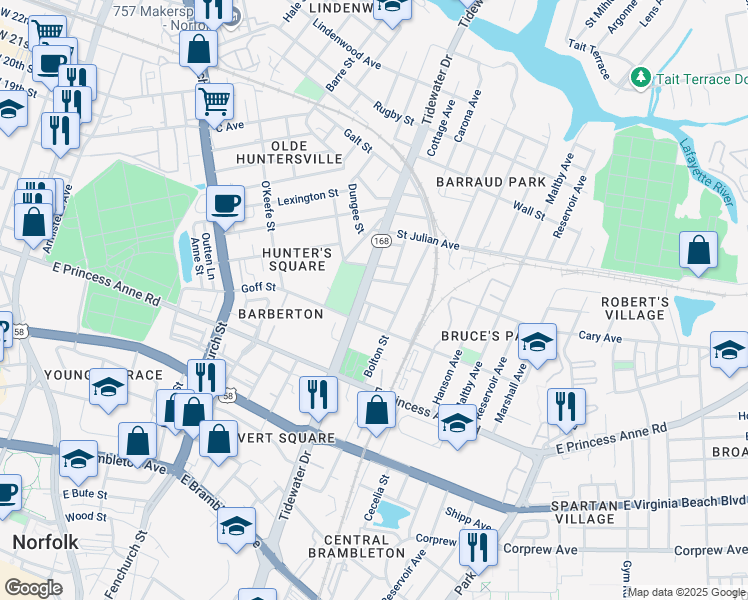 map of restaurants, bars, coffee shops, grocery stores, and more near 1002 Dunbar Street in Norfolk