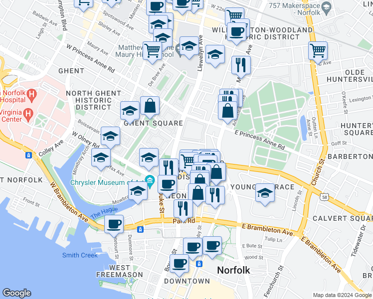 map of restaurants, bars, coffee shops, grocery stores, and more near 203 Westover Avenue in Norfolk