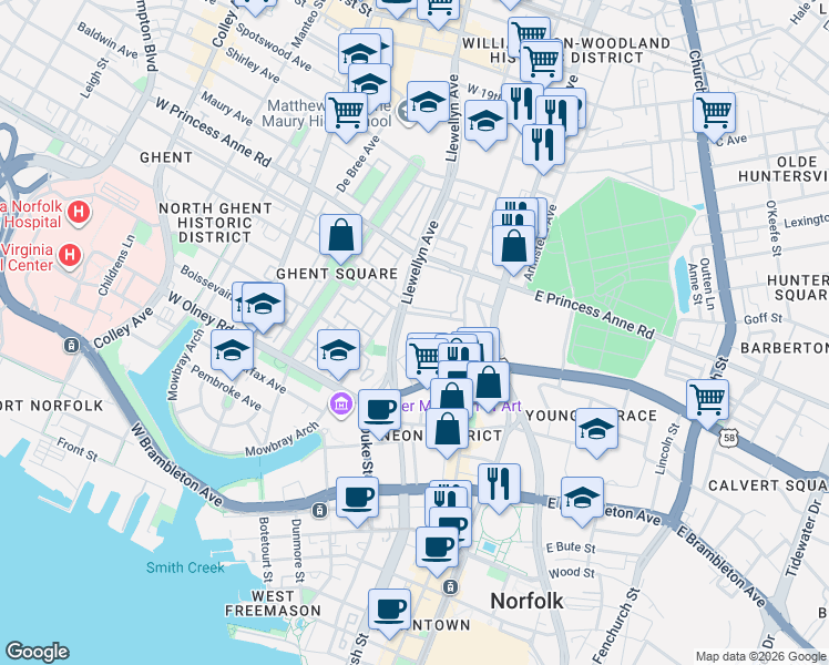 map of restaurants, bars, coffee shops, grocery stores, and more near 201 Westover Avenue in Norfolk