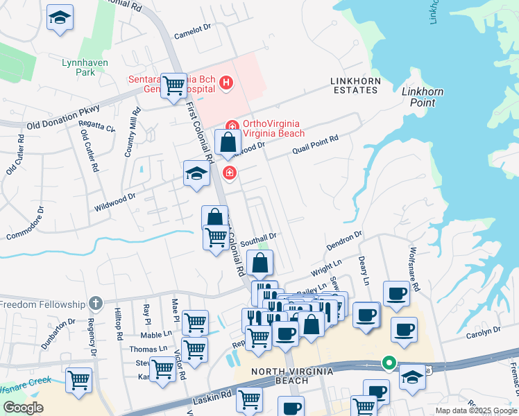 map of restaurants, bars, coffee shops, grocery stores, and more near 1067 Colonial Meadows Way in Virginia Beach