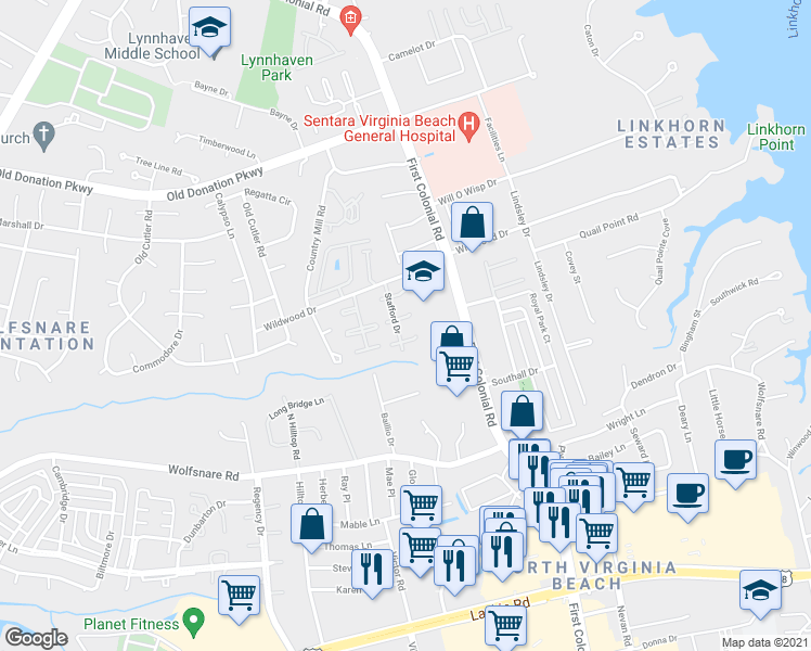 map of restaurants, bars, coffee shops, grocery stores, and more near 1814 Carlton East in Virginia Beach