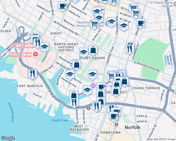 map of restaurants, bars, coffee shops, grocery stores, and more near 712 Botetourt Gardens in Norfolk
