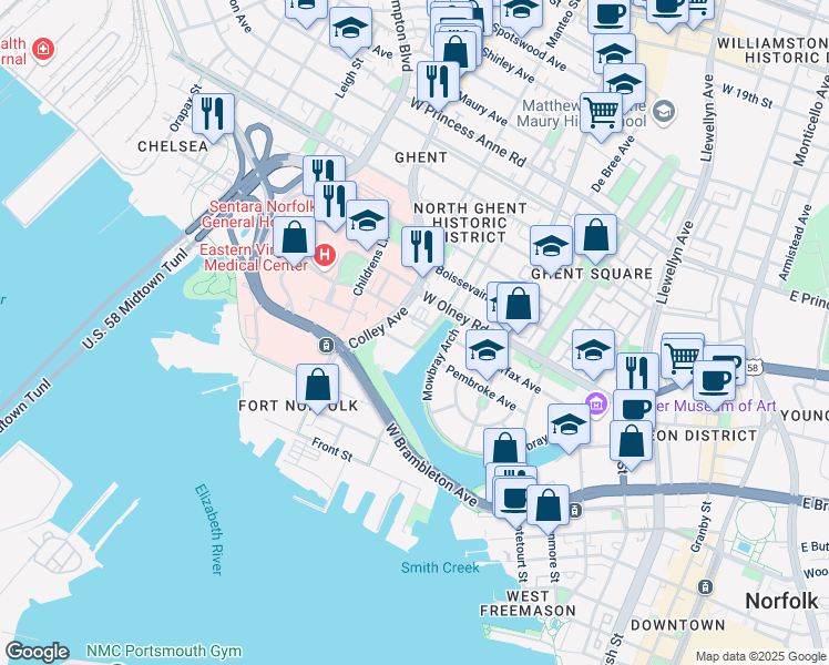 map of restaurants, bars, coffee shops, grocery stores, and more near 619 Fairfax Avenue in Norfolk
