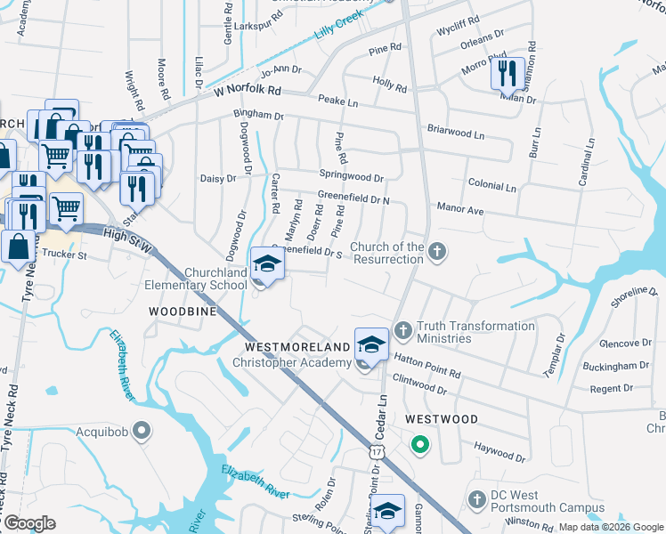 map of restaurants, bars, coffee shops, grocery stores, and more near in Portsmouth