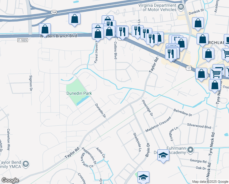 map of restaurants, bars, coffee shops, grocery stores, and more near 3713 Radford Circle in Chesapeake