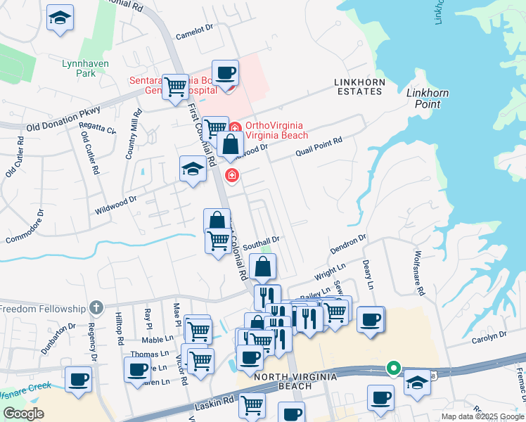 map of restaurants, bars, coffee shops, grocery stores, and more near 1067 Colonial Meadows Way in Virginia Beach