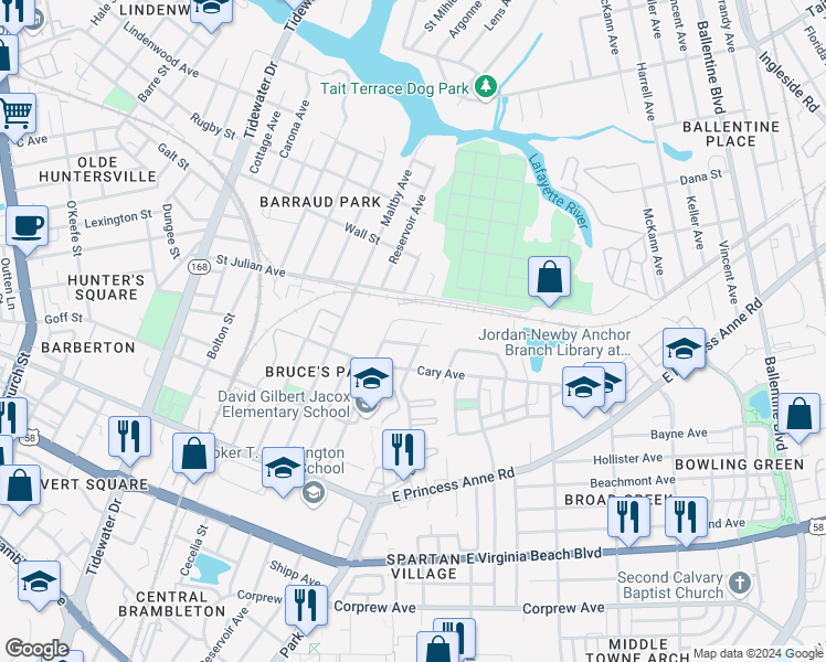 map of restaurants, bars, coffee shops, grocery stores, and more near 1518 Jamaica Ave in Norfolk