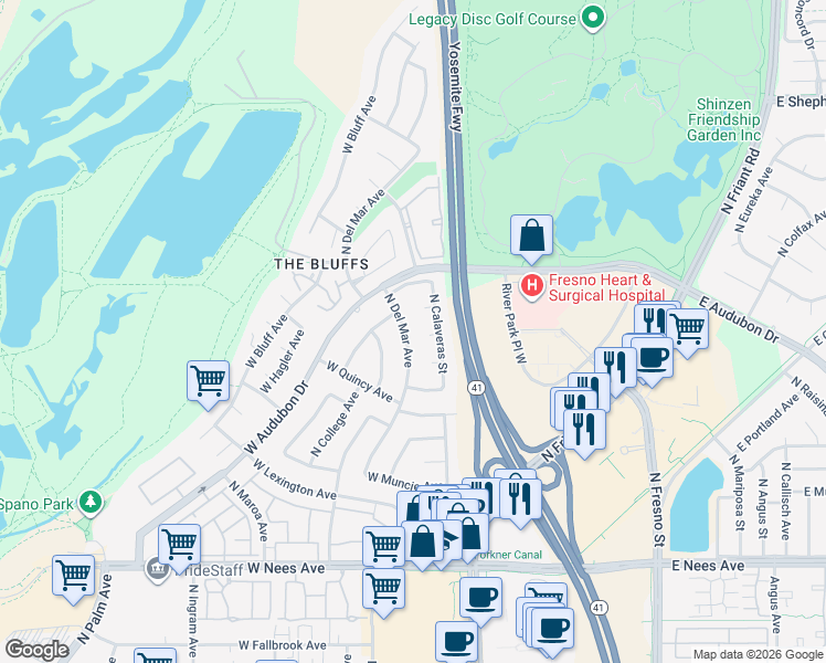 map of restaurants, bars, coffee shops, grocery stores, and more near 8531 North Calaveras Street in Fresno