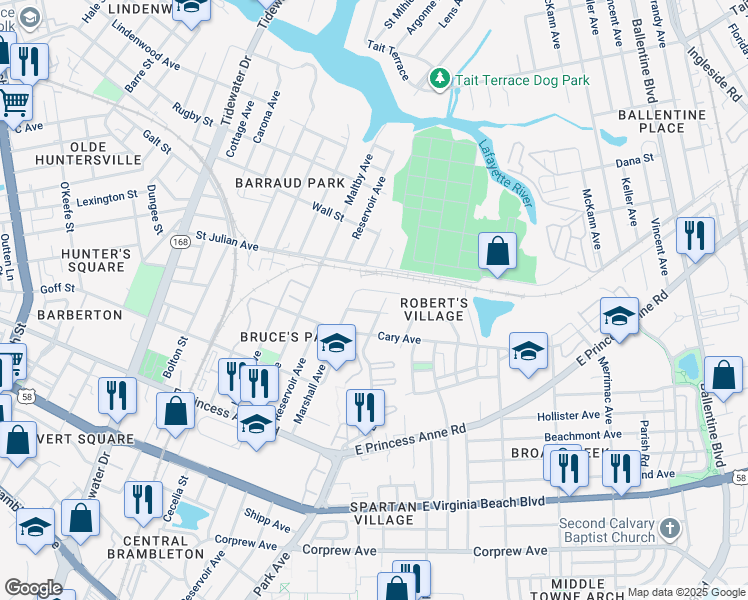 map of restaurants, bars, coffee shops, grocery stores, and more near 1518 Jamaica Ave in Norfolk