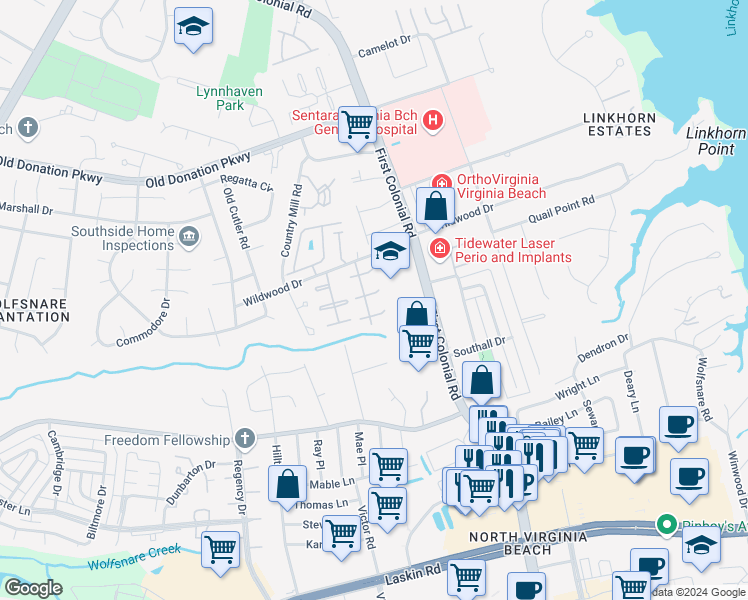 map of restaurants, bars, coffee shops, grocery stores, and more near 1811 Carlton East in Virginia Beach