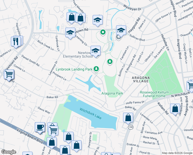 map of restaurants, bars, coffee shops, grocery stores, and more near 5390 Lynbrook Landing in Virginia Beach