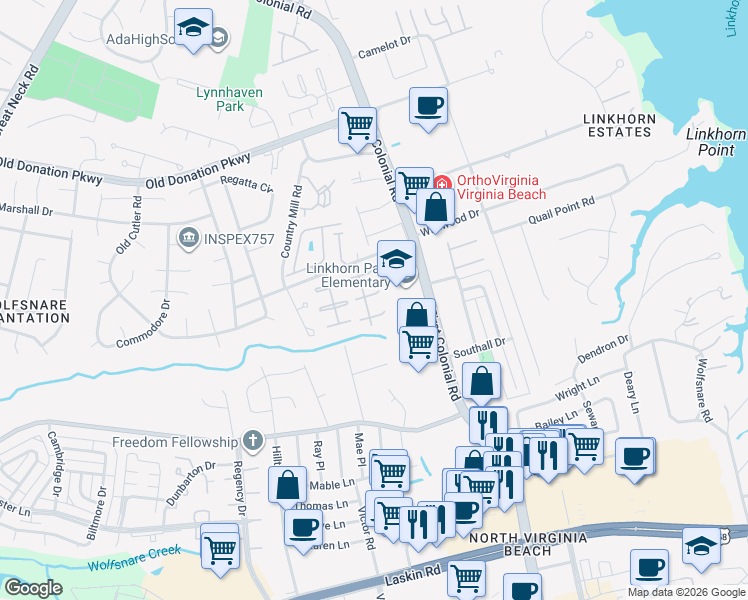 map of restaurants, bars, coffee shops, grocery stores, and more near 1814 Carlton East in Virginia Beach