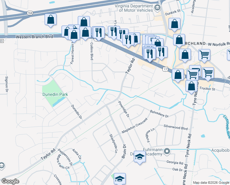 map of restaurants, bars, coffee shops, grocery stores, and more near 4312 Stafford Drive in Chesapeake