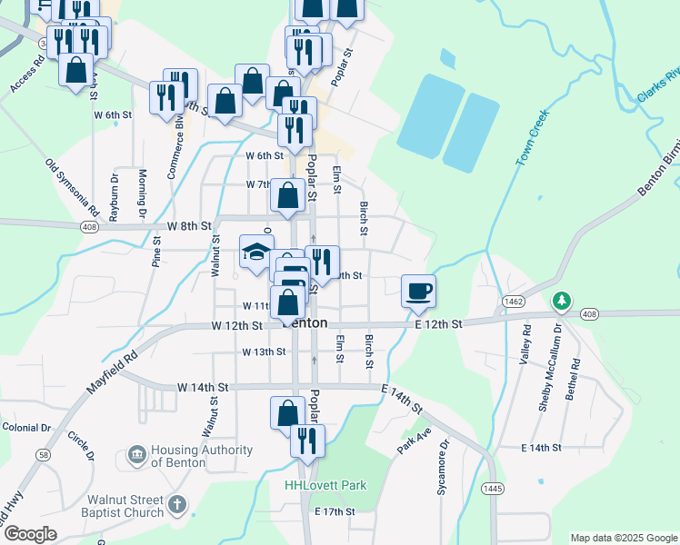 map of restaurants, bars, coffee shops, grocery stores, and more near 905 Elm Street in Benton