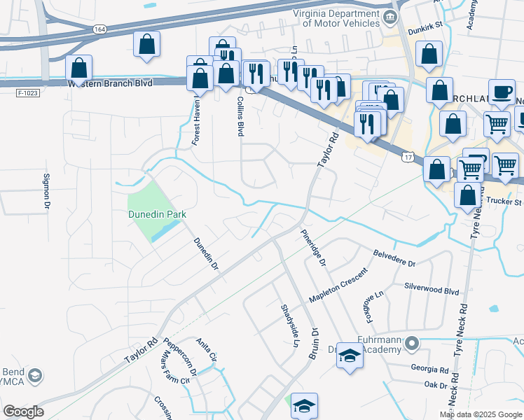 map of restaurants, bars, coffee shops, grocery stores, and more near 3733 Radford Circle in Chesapeake