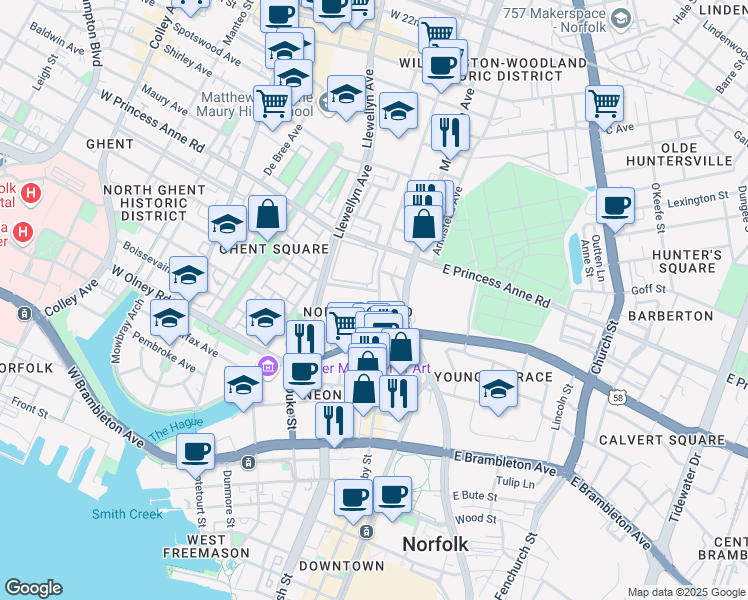 map of restaurants, bars, coffee shops, grocery stores, and more near 101 Westover Avenue in Norfolk