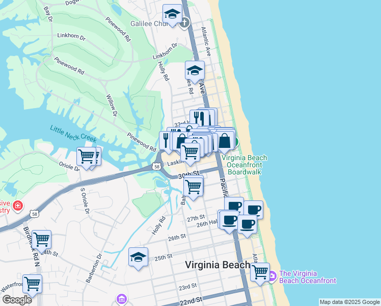 map of restaurants, bars, coffee shops, grocery stores, and more near 316 32nd Street in Virginia Beach