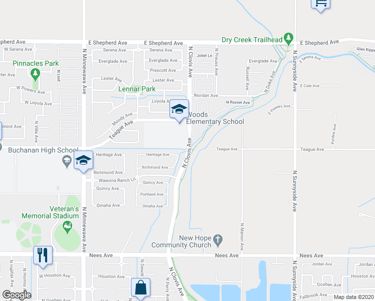 map of restaurants, bars, coffee shops, grocery stores, and more near North Clovis Avenue in Clovis