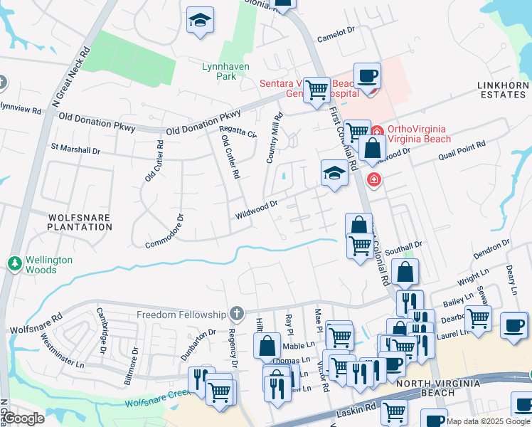 map of restaurants, bars, coffee shops, grocery stores, and more near 1889 Wildwood Drive in Virginia Beach