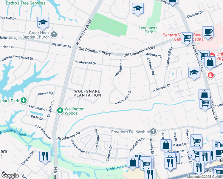 map of restaurants, bars, coffee shops, grocery stores, and more near 1064 Commodore Drive in Virginia Beach