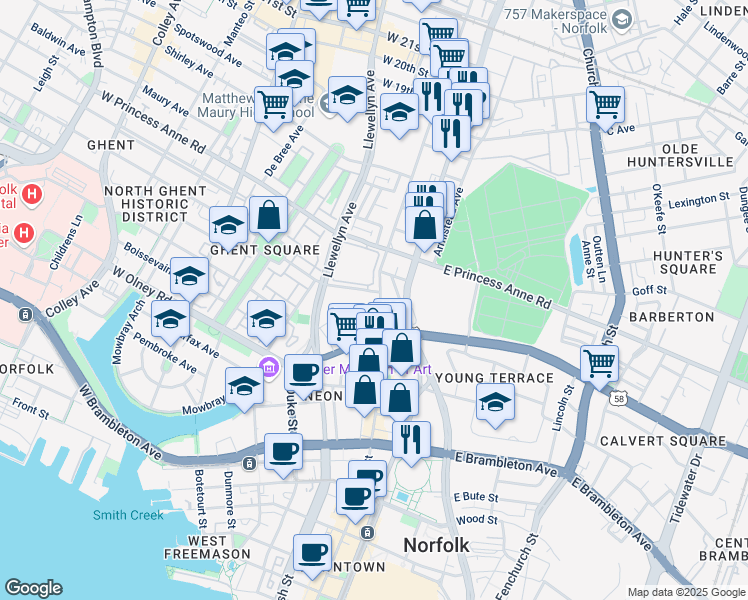 map of restaurants, bars, coffee shops, grocery stores, and more near 101 Westover Avenue in Norfolk