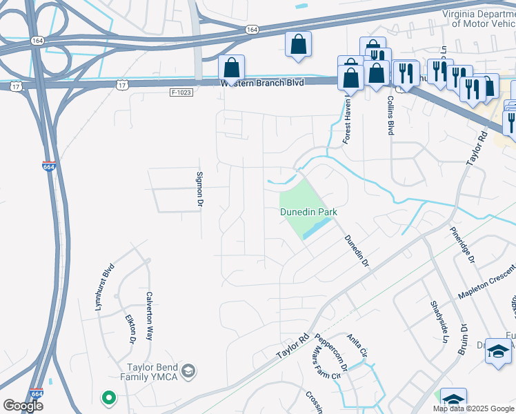map of restaurants, bars, coffee shops, grocery stores, and more near 3440 Maori Drive in Chesapeake