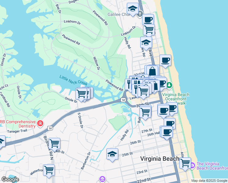 map of restaurants, bars, coffee shops, grocery stores, and more near 100 Pinewood Road in Virginia Beach
