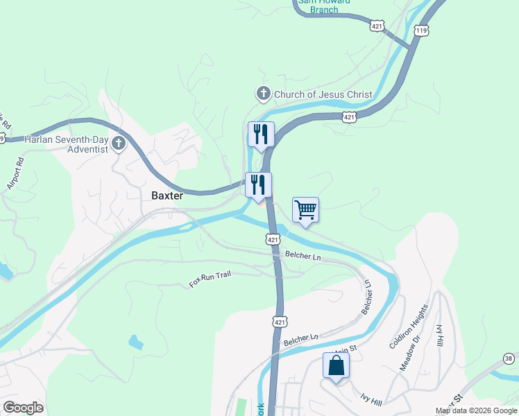 map of restaurants, bars, coffee shops, grocery stores, and more near U.S. 119 in Baxter