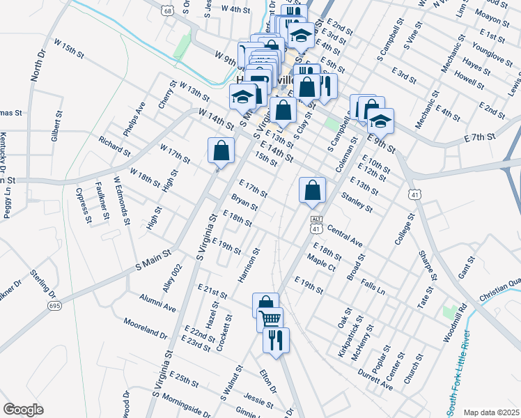 map of restaurants, bars, coffee shops, grocery stores, and more near 1714 South Clay Street in Hopkinsville