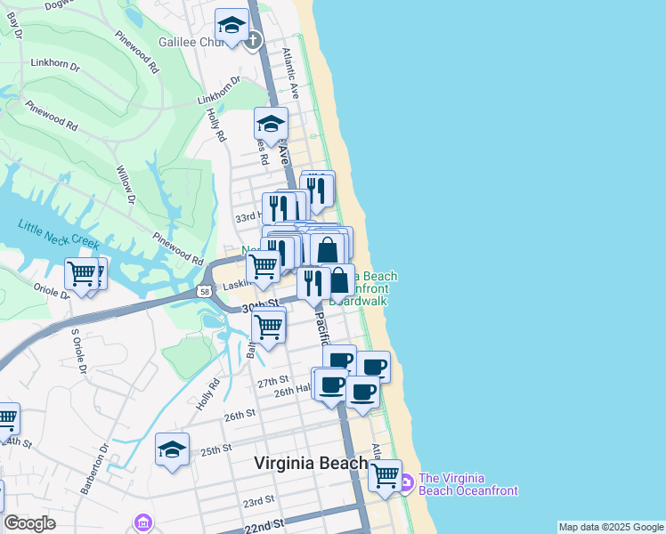 map of restaurants, bars, coffee shops, grocery stores, and more near 3001 Atlantic Avenue in Virginia Beach
