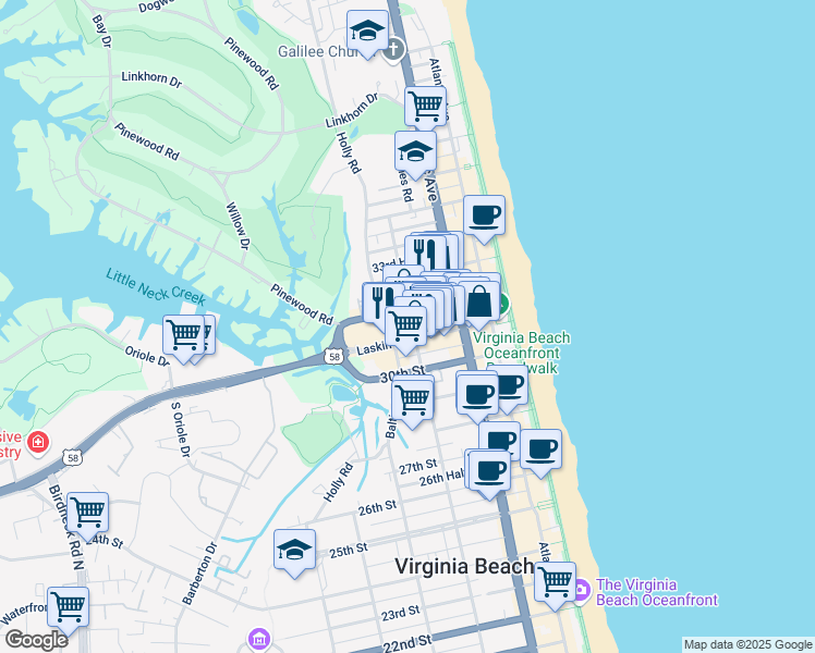 map of restaurants, bars, coffee shops, grocery stores, and more near 316 32nd Street in Virginia Beach