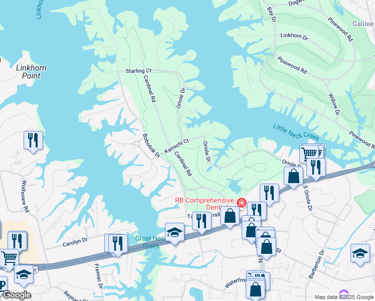 map of restaurants, bars, coffee shops, grocery stores, and more near 3100 Shore Drive in Virginia Beach