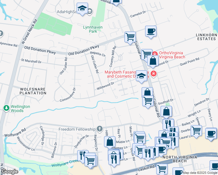 map of restaurants, bars, coffee shops, grocery stores, and more near 1889 Wildwood Drive in Virginia Beach