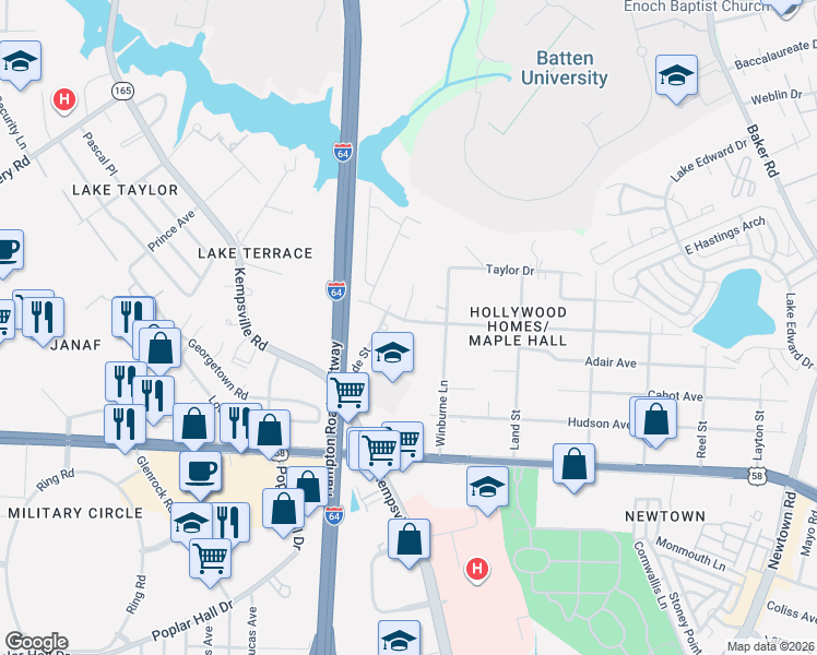 map of restaurants, bars, coffee shops, grocery stores, and more near 6228 Wailes Avenue in Norfolk