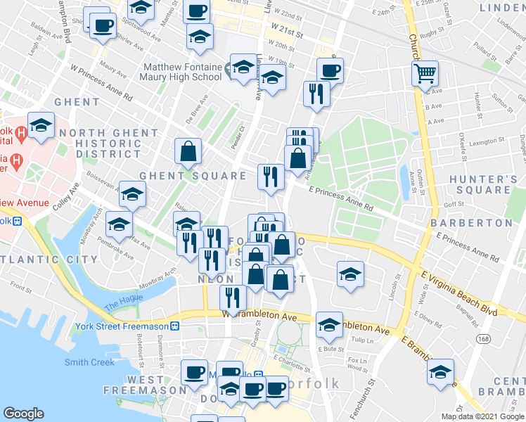 map of restaurants, bars, coffee shops, grocery stores, and more near 103 Westover Avenue in Norfolk