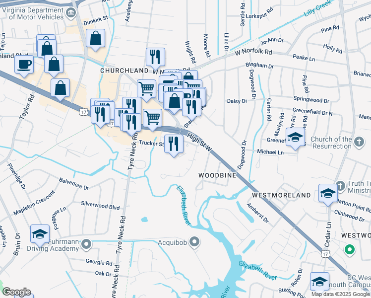 map of restaurants, bars, coffee shops, grocery stores, and more near 5680 Churchland Blvd in Portsmouth