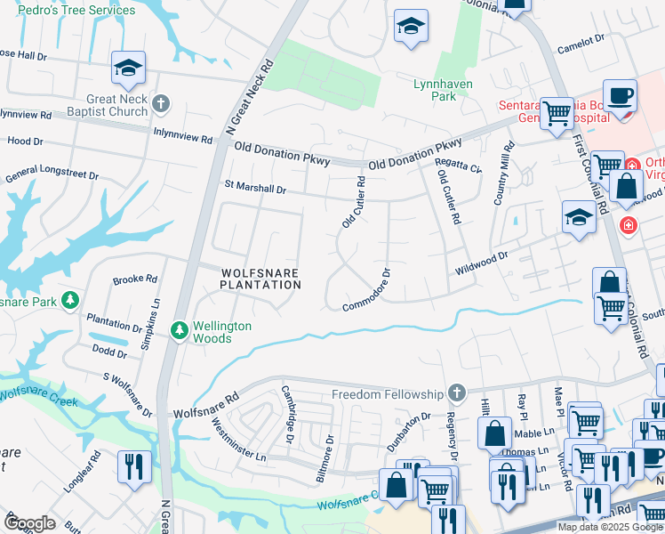 map of restaurants, bars, coffee shops, grocery stores, and more near 1064 Commodore Drive in Virginia Beach