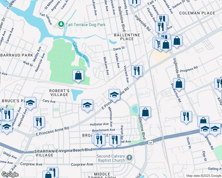 map of restaurants, bars, coffee shops, grocery stores, and more near 1447 Godfrey Avenue in Norfolk