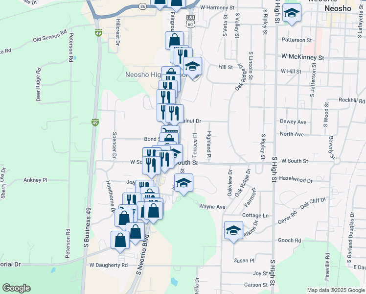 map of restaurants, bars, coffee shops, grocery stores, and more near 805 Wornall Street in Neosho